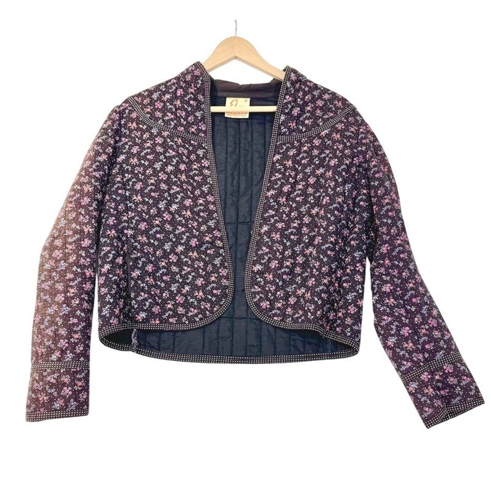 VTG 70s Eber San Francisco Quilted Ditsy Floral Cropped Jacket Chore Coat Small